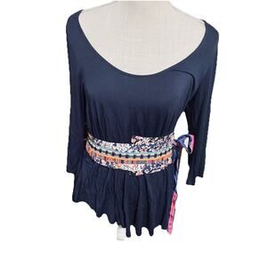 Anthropologie A Common Thread Blouse Obi Patchwork Belt Sash Boho Navy Blue Top